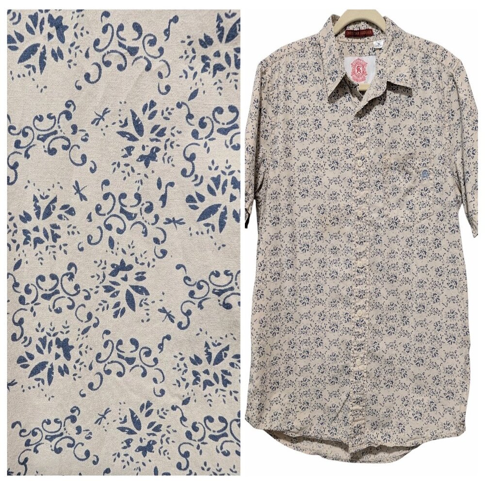 Christian Audigier Mens Size L White Blue Abstract Floral S/S Button Up Shirt - Picture 1 of 11